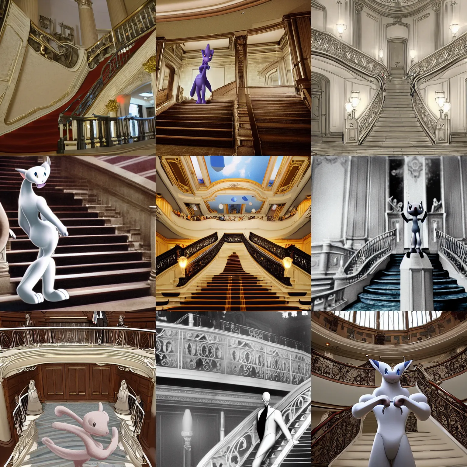 Prompt: mewtwo standing mid rms titanic grand staircase