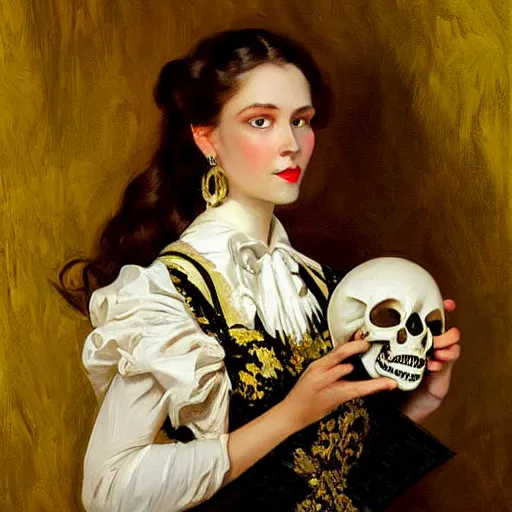 Image similar to painting skull portrait young woman holding a balloon, intricate, elegant, highly detailed,, art by jc leyendecker and singer sargent