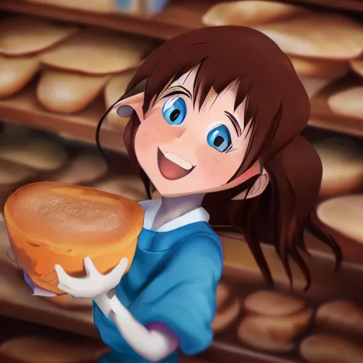 Prompt: cute baker smiling as she hands you fresh bread, anime, trending on artstation, 4k, 8k, wallpaper