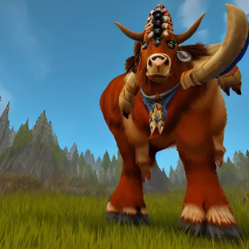 Prompt: a tauren standing in thunder bluff, awe inspiring