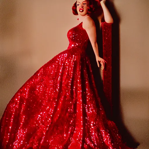 Prompt: film portrait photography of nora o'donnell as jessica rabbit, head and shoulders photography. red sequin ballgown dress. kodak ektar 4 0 0. canon f 1. 2. detailed, heavy film grain