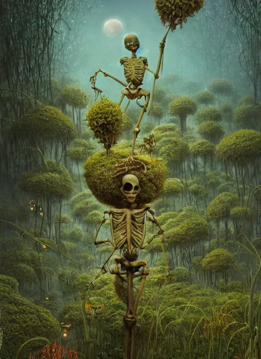 Prompt: tiny skeleton people dancing on mossy rocks with fairies and fireflies by zdzislaw beksinski and hajime sorayama lush plants and spiky bones everywhere, big glowing moon, glowing paper lanterns, high fashion, mystical fantastic magic details, by james jean, hd, 8 k, trending on artstation, uhd