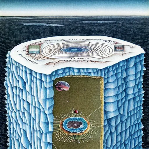 Prompt: codex seraphinianus of the flat earth model surrounded by a ice wall and firmament