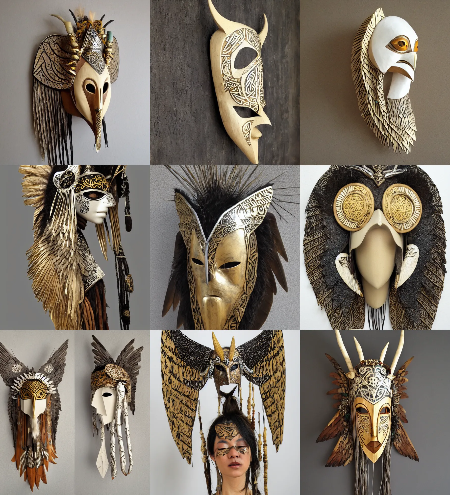 Image similar to viking shaman, african mask, asian female, boho style, wood clay marble ivory crow swan eagle wings head eyes bamboo, golden and silver jewerly Art nouveau, low poly, pattern, modern sculpure