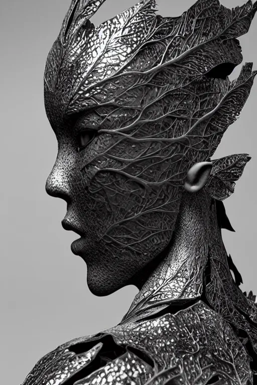 Image similar to bw close - up profile face, black background, beautiful young porcelain vegetal - dragon - cyborg - female, 1 5 0 mm, beautiful natural soft rim light, silver gold details, magnolia leaves and stems, roots, mandelbot fractal, elegant, ultra detailed, white metallic armour, octane render, dora maar