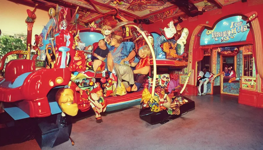 Image similar to 1990s photo of inside the Crazy Joe's Mystery House Show ride at Universal Studios in Orlando, Florida, riding a hamburger car through Joe's dream world , cinematic, UHD