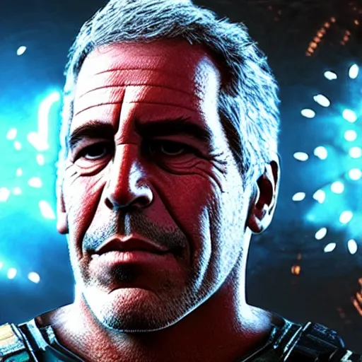 Image similar to jeffrey epstein in gears of war, splash art, movie still, cinematic lighting, glowing, neon light, ray tracing, octane render, long lens, shallow depth of field, bokeh, anamorphic lens flare, 8 k, hyper detailed, 3 5 mm film grain