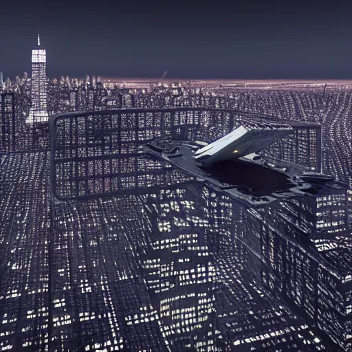 Image similar to A Star Destroyer above New York City, Realistic, 4k, Dark, Cyberpunk, High Detail