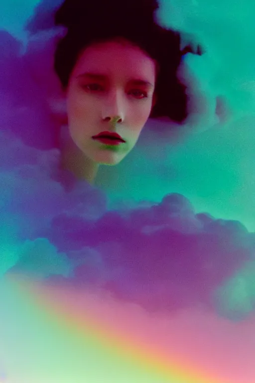 Prompt: high quality pastel coloured film photograph of a model wearing clothing resting on cloud furniture in a nordic black rock environment in a partially haze filled dreamstate world. three point light, rainbow. photographic production. art directed. pastel colours. volumetric clouds. pastel gradient overlay. waves glitch artefacts. 8 k. filmic.