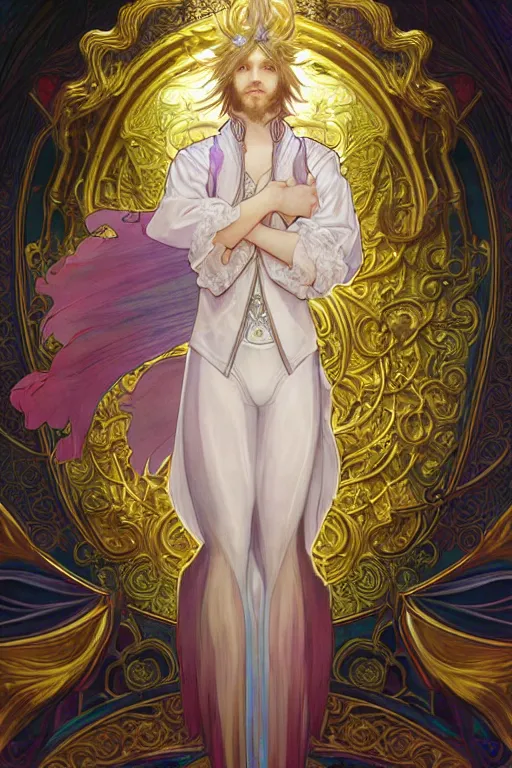 Image similar to fullbody portrait of a young hero with strange hairs, soft smile, baroque cloth, luminous scene, final fantasy and legue of legends champion, by chengwei pan and alpfons mucha, gradient white to gold, in front of an iridescent magical building background, highly detailed portrait, digital painting, smooth, focus illustration