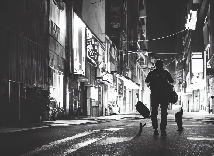 Image similar to photography of a Cat carrying a backpack . in a cyberpunk street. award winning photo, led lighting, night, 24mm, sharp, high res