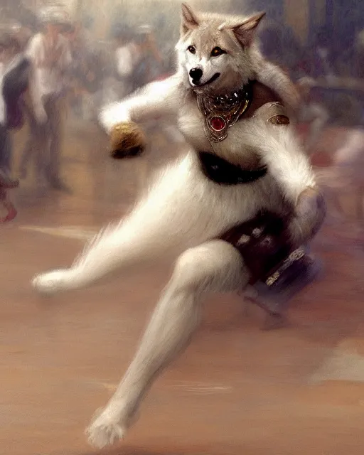 Image similar to an athletic white female anthro wolf skating at a roller derby, 4 k, furaffinity, fursona, trending on artstation, energetic, speed, motion blur, by gaston bussiere, craig mullins, sakimichan, gustav klimt, artgerm, greg rutkowski, alphonse mucha