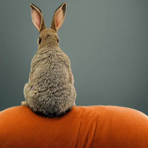 Image similar to A photograph of a rabbit sitting on the back of a cat in the style of Annie Leibovitz