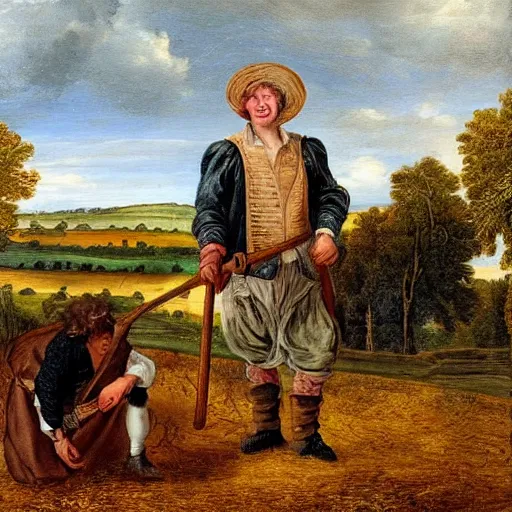 Prompt: david cameron as a 1 7 th century peasant toiling in the fields, painting, restored, 1 7 th century art