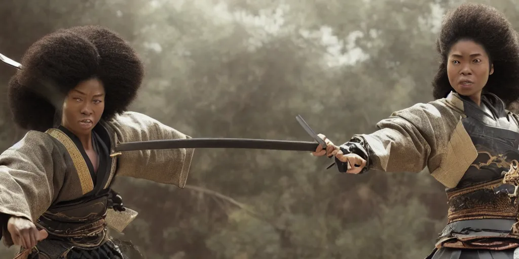 Image similar to a film still of a black woman starring in a japanese blockbuster film as ancient samurai, levitating mid air, intense, shallow depth of field, cinematic, award winning cgi, vfx, film still