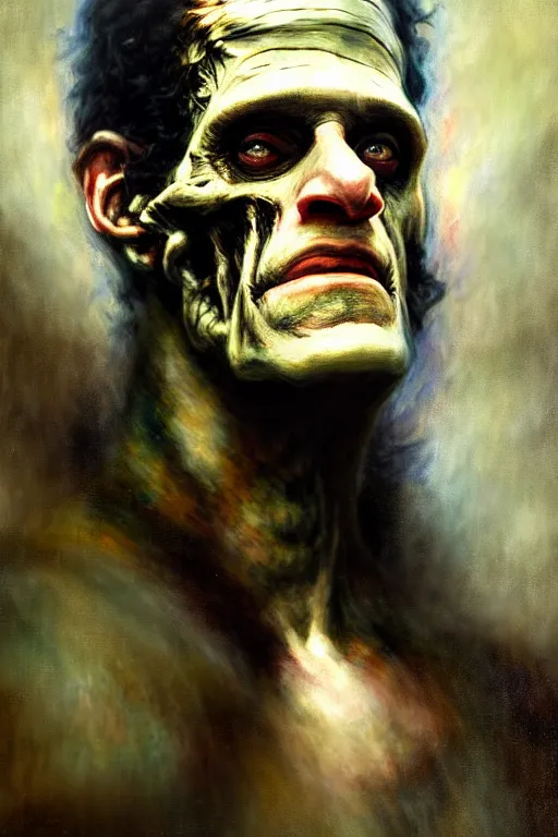 Image similar to photograph imax and solomon joseph solomon and richard schmid and jeremy lipking victorian loose genre loose painting full length portrait painting of frankenstein