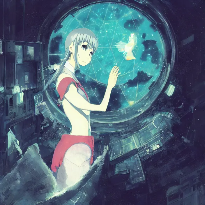 Image similar to Close up Iwakura Lain, epcot, inside a space station, eye of providence, Rei Ayanami, Tomas Sanchez, evening formal robes, digital illustration, Howl's Moving Castle, tranquil divine observer Nymph by ismail inceoglu nicola samori dragan bibin hans thoma greg rutkowski Alexandros Pyromallis Nekro Rene Margitte illustrated, official anime key media, hellscape, mind character, Environmental occlusion theme Jia, a William mans character, Artstation station female hyperdetailed with , rei ayanami