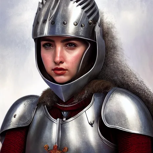 Prompt: head and shoulders portrait of a female knight, ana de armas as joan of arc, helmet, breastplate, centurion red horsehair crest, by artgerm, face detail, extremely detailed, digital illustration