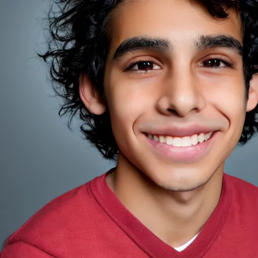 Prompt: close - up portrait photograph of a teenage latino male with big brown eyes, a long italian nose, a big smile, curly medium length black hair, highly detailed, anatomically correct features,