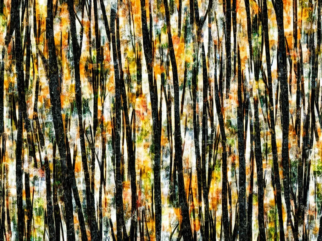 Image similar to double exposure photograph of tens of eucalyptus trees, soft light, autumn, in the style of basquiat and klee