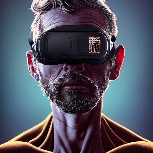 Image similar to Colour Caravaggio style Photography of Highly detailed Man with 1000 years old perfect face with reflecting glowing skin wearing highly detailed sci-fi VR headset designed by Josan Gonzalez. Many details . In style of Josan Gonzalez and Mike Winkelmann and andgreg rutkowski and alphonse muchaand and Caspar David Friedrich and Stephen Hickman and James Gurney and Hiromasa Ogura. Rendered in Blender and Octane Render volumetric natural light