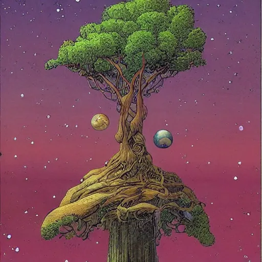 Image similar to a large tree rooted in a crystal planet floating in space, by moebius, the little prince