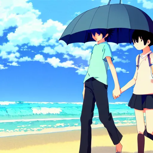 Image similar to anime girl and boy walking together on the Beach, Rain, umbrella, by makoto shinkai, Studio Ghibli, anime wallpaper, illustration, 4k Wallpaper, flat colors, trending on artstation, cgsociety