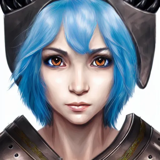 Image similar to illustrated realistic portrait female ram-horned kobold with asymmetric short haircut blue hair with dark eyes wearing strap leather armor by rossdraws