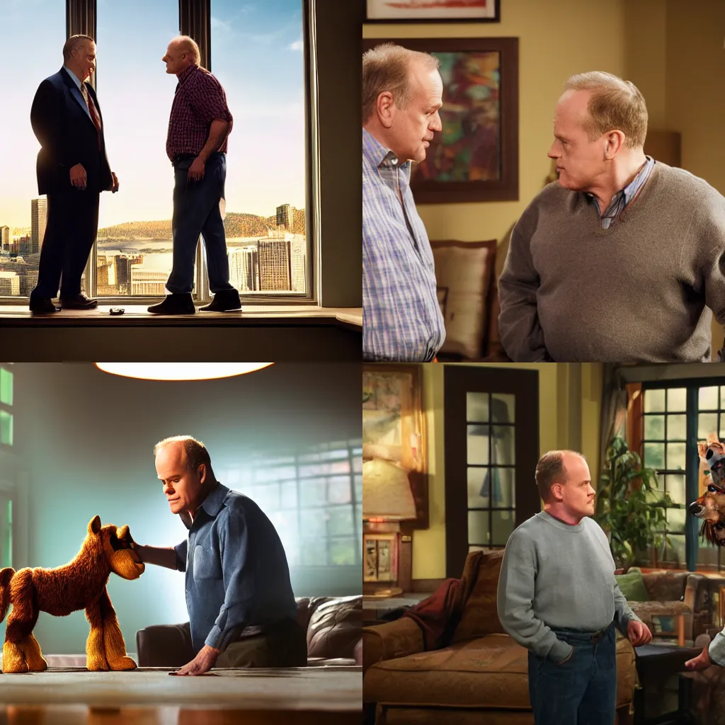 Prompt: Alf and Frasier in Seattle high detail, cinematic, award winning photo, 8K, volumetric lighting, Dramatic ambient lighting, sunlight, shadows, Epic composition