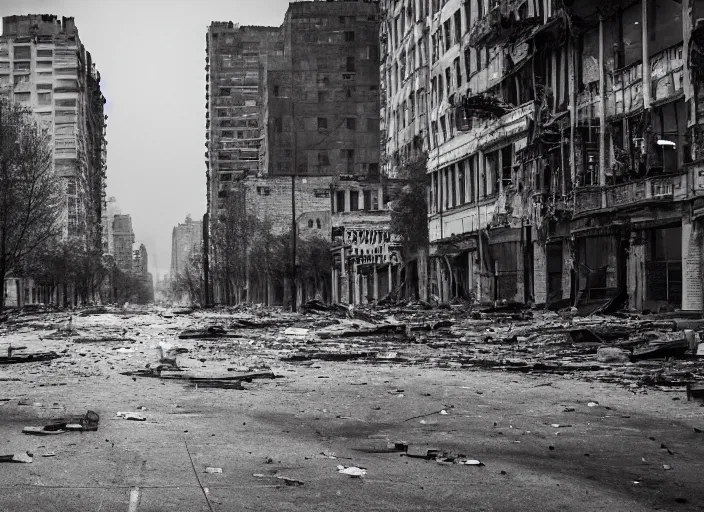 Image similar to a devastated city in shades of gray, with broken windows and empty streets.