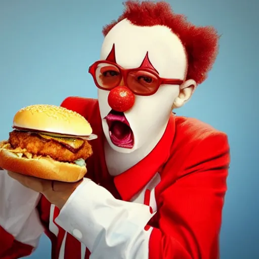 Image similar to KFC clown eating McDonald's burger