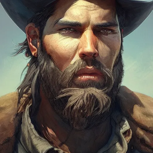 Image similar to rugged bearded cowboy, painted fantasy character portrait, headshot, fantasy, highly detailed, digital painting, artstation, concept art, sharp focus, illustration, art by artgerm and greg rutkowski and alphonse mucha