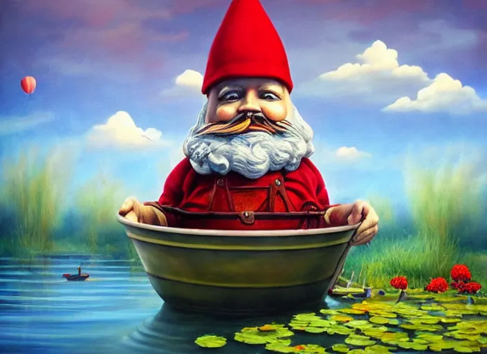 Image similar to a garden gnome sailing in a bucket, whimsical background of a reflective pond on a sunny day with dramatic clouds, an ultrafine detailed painting by mark ryden, trending on deviantart, pop surrealism, whimsical, lowbrow, joyous, perfect symmetrical face