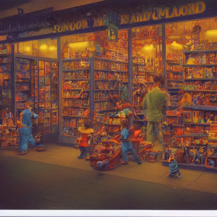 Prompt: liminal polaroid of a toystore at night, art by tim hildebrandt, deep depth of field. highly detailed, hyper realism, hd, 4 k