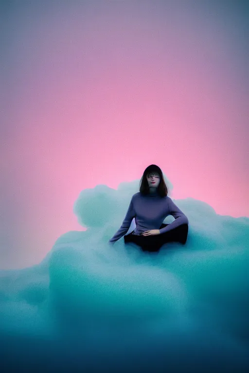 Image similar to high quality pastel coloured film close up wide angle portrait photograph of a model wearing clothing resting on cloud furniture in a icelandic black rock environment in a partially haze filled dreamstate world. three point light, rainbow. photographic production. art directed. pastel colours. volumetric clouds. pastel gradient overlay. waves glitch artefacts. extreme facial clarity. 8 k. filmic.