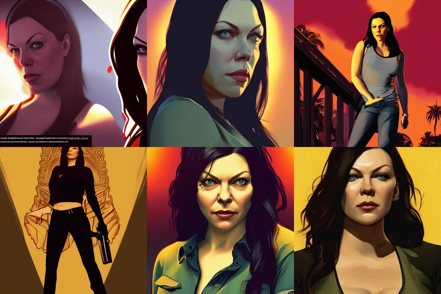 Prompt: a medium shot of Laura Prepon as a grand theft auto 5 loading screen, dramatic backlighting, golden hour, kodachrome, high contrast, highly detailed, sharp focus, digital painting, concept art, illustration, trending on artstation, art by greg rutkowski + greg hildebrandt + alphonse mucha