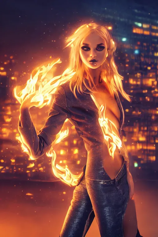 Image similar to wonderful young blonde woman with flames dancing on her hands with a long jacket in a cyberpunk city, realistic mouth, realistic, high definition, detailed and symetric face, detailed and realistic hands, expressive eyes, 4 k, shimmering color, epic digital art