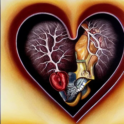 Image similar to dramatic oil in canvas of the anatomy of heart, very detailed