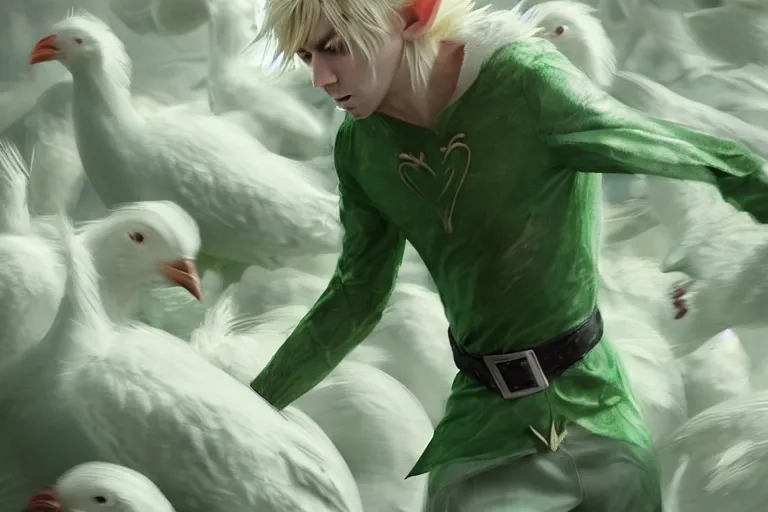 Image similar to a blonde male elf wearing a green tunic running away in terror from a huge flock of furious white chickens , made by Stanley Artgerm Lau, WLOP, Rossdraws, ArtStation, CGSociety, concept art, cgsociety, octane render, trending on artstation, artstationHD, artstationHQ, unreal engine, 4k, 8k,