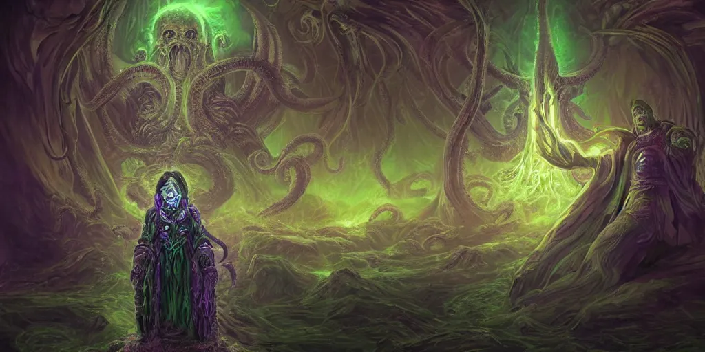 Image similar to portrait of necromancer priest in an invoking ritual in front of a giant cthulhu in a large landscape, intricate, elegant, glowing lights, highly detailed, digital painting, concept art, smooth, sharp focus, illustration, wide - angle portrait, atmospheric lighting, rich deep colors masterpiece, fractal crystals