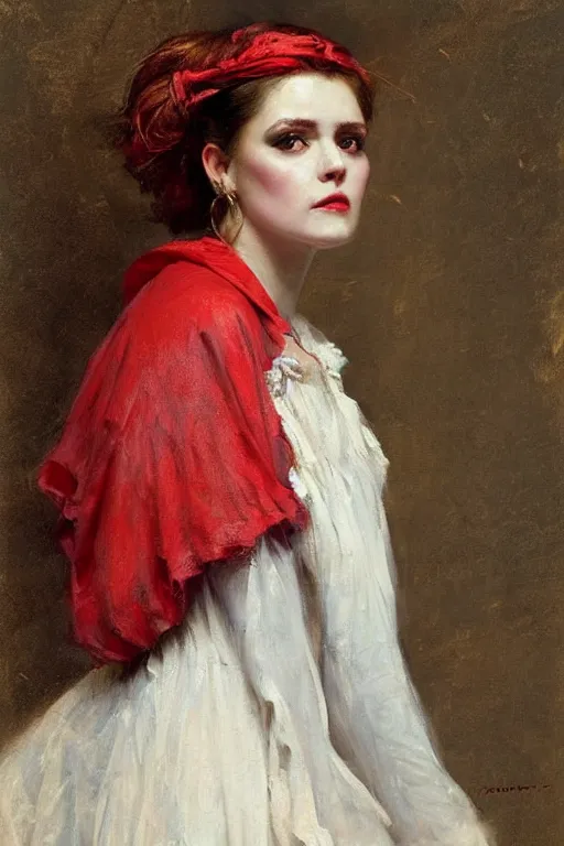 Image similar to Solomon Joseph Solomon and Richard Schmid and Jeremy Lipking victorian genre painting full length portrait painting of a young beautiful woman traditional german french pirate wench in fantasy costume, red background