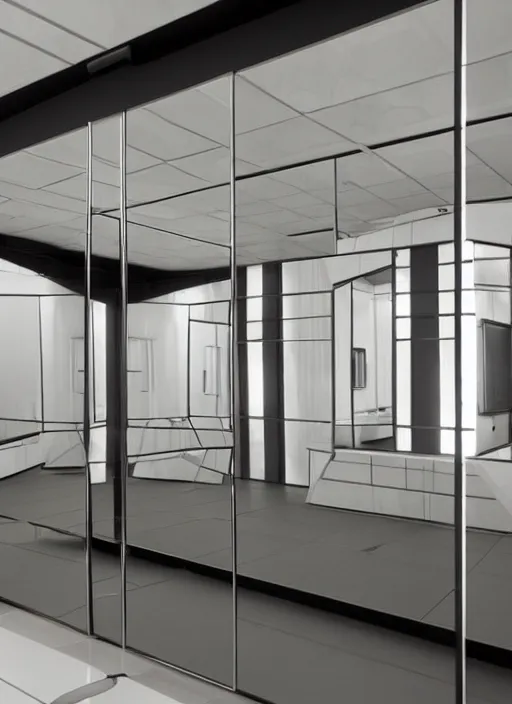 Image similar to a futuristic sci - fi room with mirrored walls