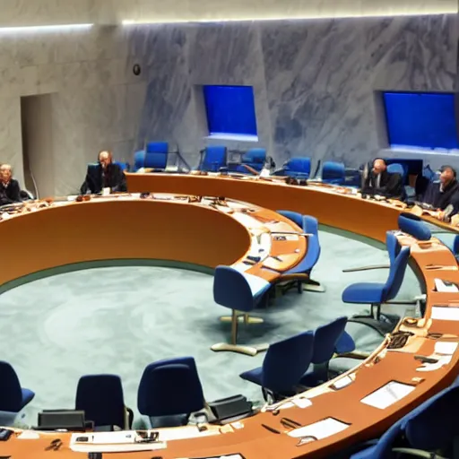 Image similar to sci fi fictional united nations negotiating chamber, no people, 8 k photorealistic