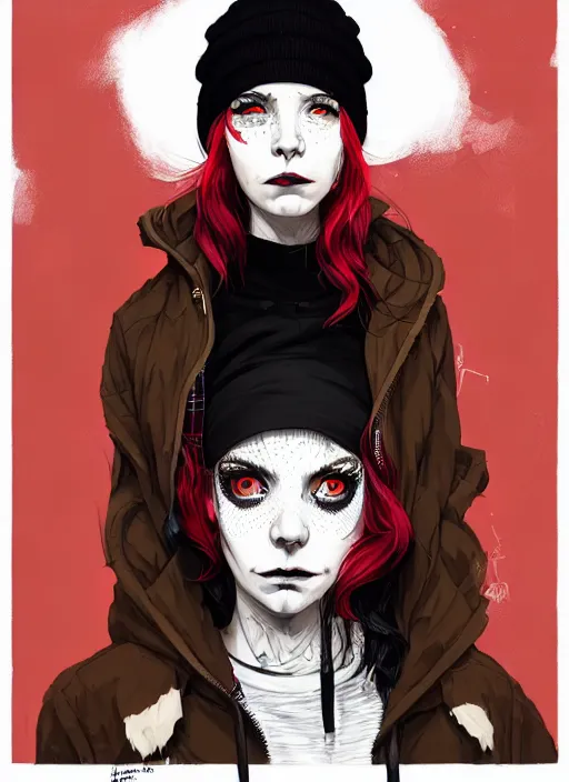 Image similar to highly detailed 3 / 4 profile portrait of an new york sewer punk lady student, eyes, tartan hoody, hat, white hair by atey ghailan, by greg tocchini, by kaethe butcher, by james gilleard, gradient red, black, brown, cream and white color scheme, grunge aesthetic!!! ( ( graffiti tag wall ) )