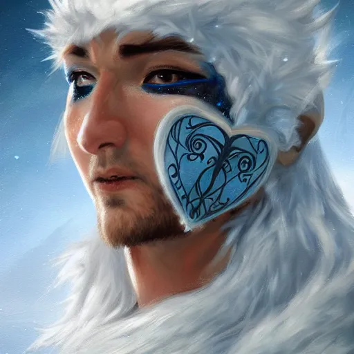 Prompt: art, bandit from ‘ icewind dale ’ and ‘ icewind dale heart of winter ’, with a frost blue gem mask lined with copper, ‘ icewind dale 2 ’ profile portrait by ‘ justin sweet ’, falling snow, soft focus, illustration, oil paint, trending artstation