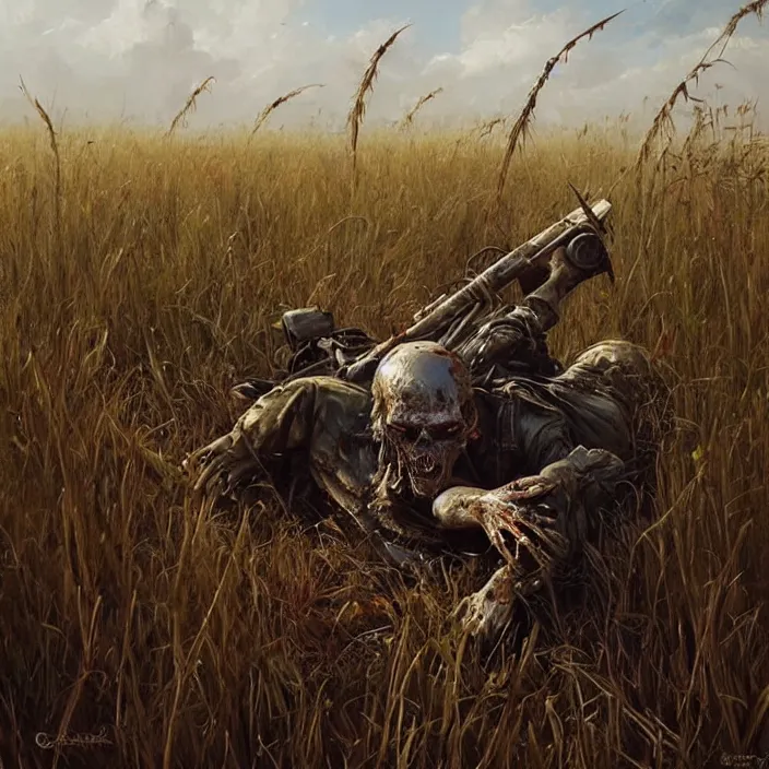 Prompt: painting by greg rutkowski, a dead zombie in a military helmet and uniform lies in tall grass