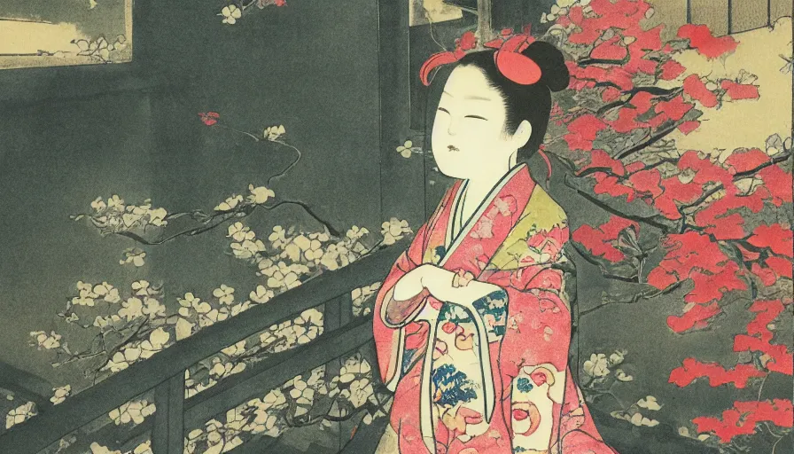 Image similar to zeenchin style painted of a girl in japan, looking out a window at a temple garden filled with yokai and spirits