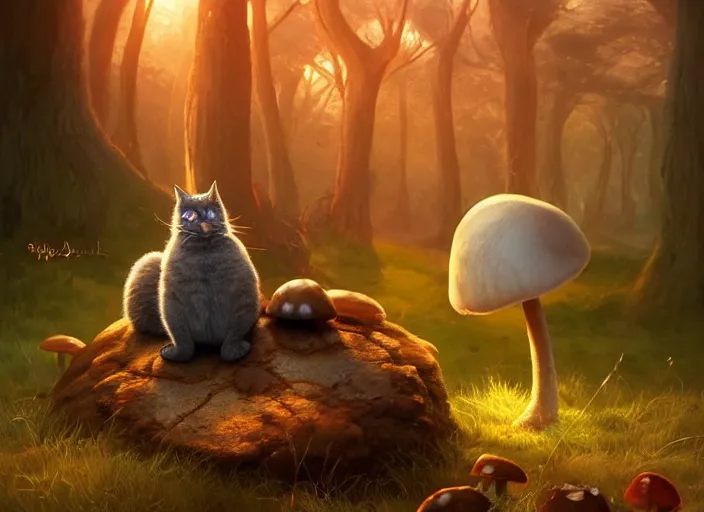 Prompt: a cute creature sitting next to a mushroom, golden hour, fantasy, sharp focus, digital art, hyper realistic, 4 k, unreal engine, highly detailed, hd, dramatic lighting by brom, trending on artstation, new cats movie