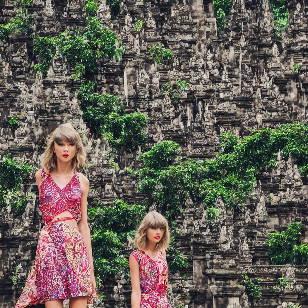 Prompt: taylor swift wearing batik bali in bali. temple background. front view. instagram closeup holiday photo shoot, closeup, 5 0 mm