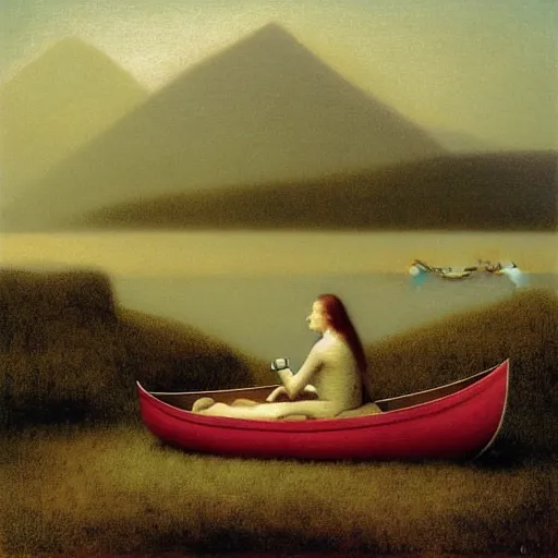 Prompt: “ girls sitting in canoe, on the hudson river, holding beer!!!!!!!!, mountains in fog, painting, by odd nerdrum ”